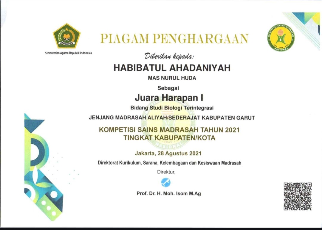 Juara Harapan I Biologi Terintegrasi Kompetensi Sains Madrasah 2021